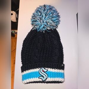 Seattle Kraken Womens Cuffed Cable Knit Pom Beanie Hat OSFA Navy
